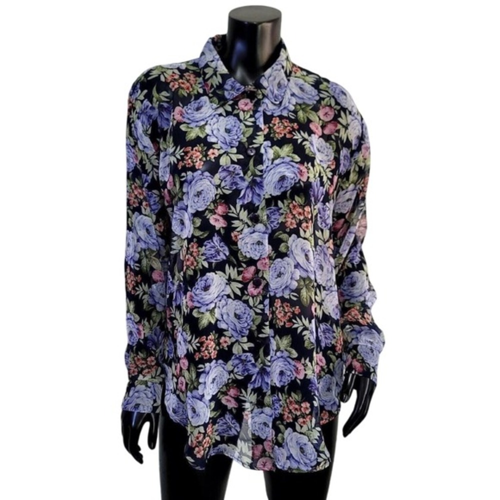 Erica Simone Vintage Sheer Floral‎ Button Up Blouse Rose Print Romantic Coquette